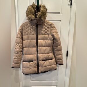 Ellesse Women's Quilted Tan Jacket with Faux Fur Trim women's small